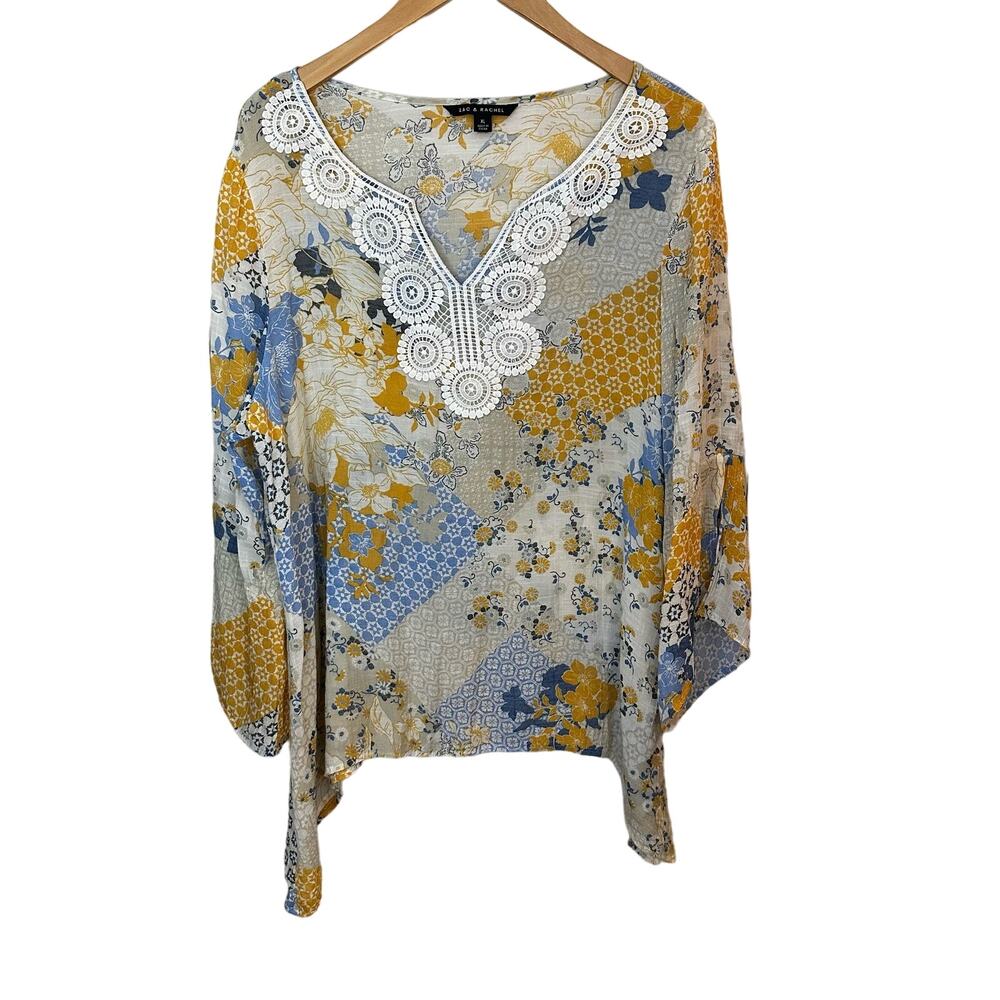 Zac & Rachel Boho Yellow Floral‎ Top Patchwork Pattern Split Sleeve Cottage XL